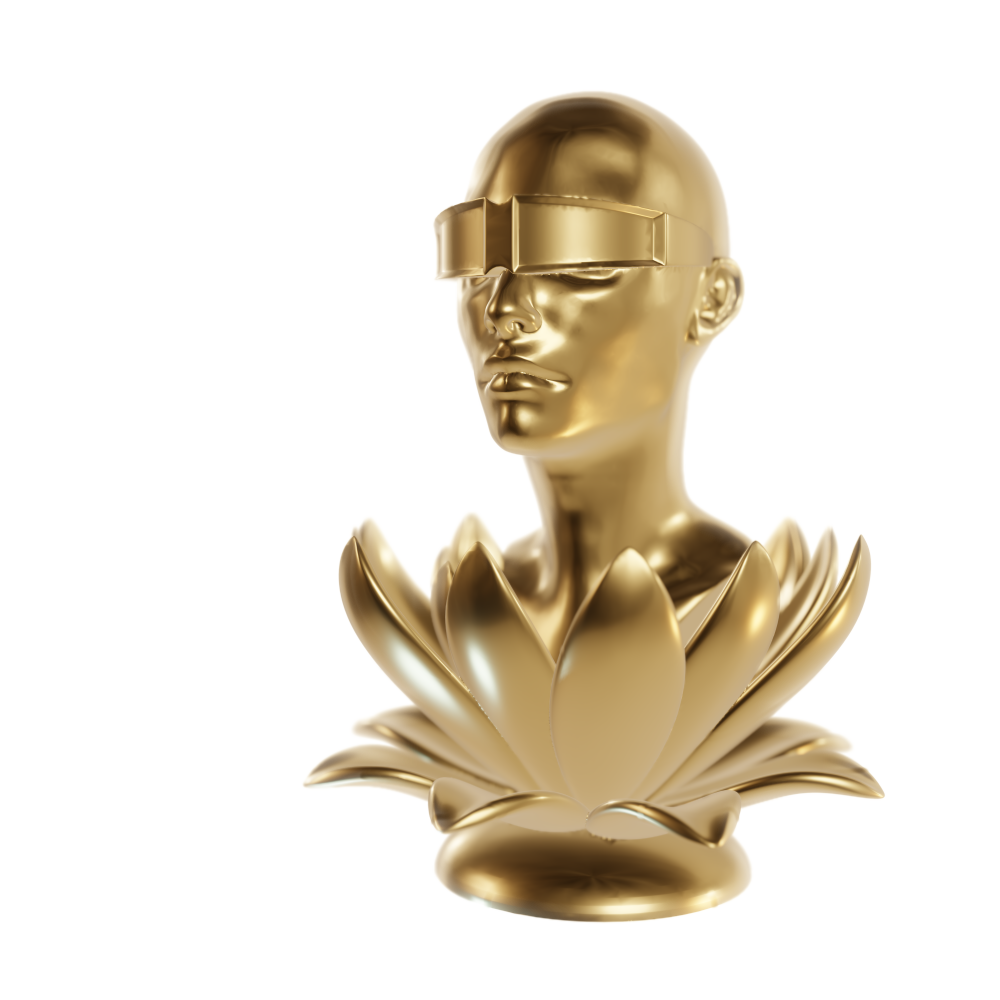 Der Award: ein goldener Kopf mit 3D Brille in einer Lotusblüte